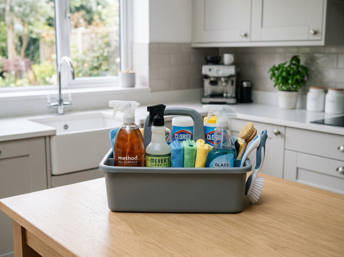 SparkleFlow cleaning products caddy and microfibers