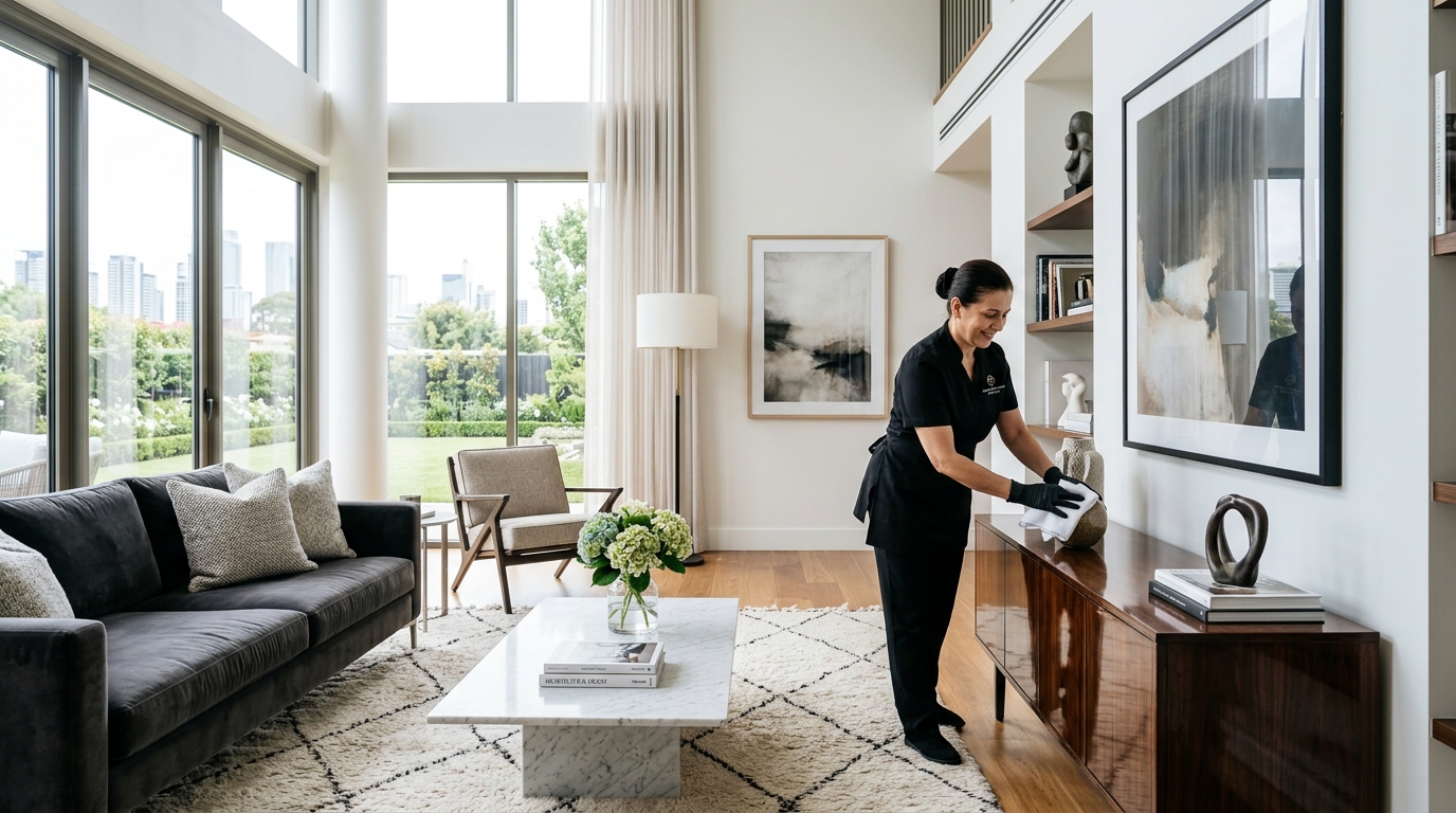 Professional maid service cleaning a modern, luxury living room