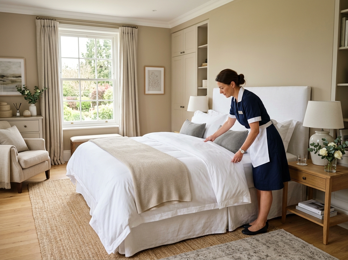 Vetted professional maid dusting a clean bedroom