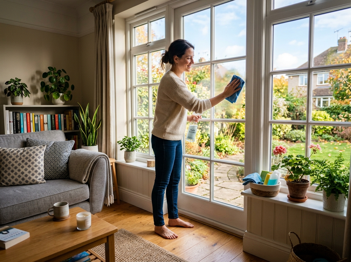 Wiping down clean window glass pane